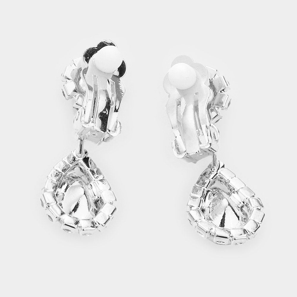 AB Crystal Teardrop Stone Rhinestone Prom Necklace on Silver – Clip on Earrings | Prom Jewelry | 532962