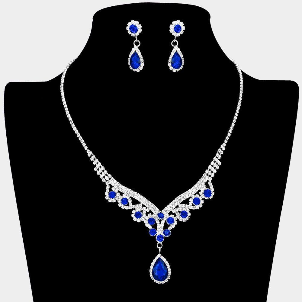 Sapphire Crystal Teardrop Stone Rhinestone Prom Necklace | Prom Jewelry | 532956