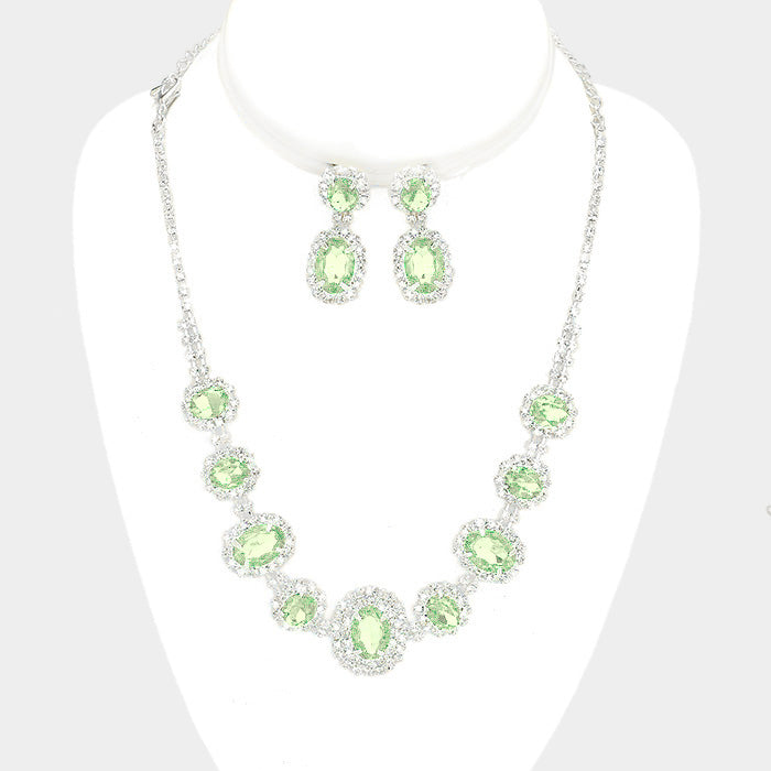 Pave Trim Light Green Rhinestone Necklace and Earrings | 415735