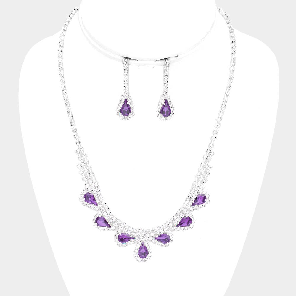 Purple and Rhinestone Teardrop Prom Necklace and Earrings | 452781