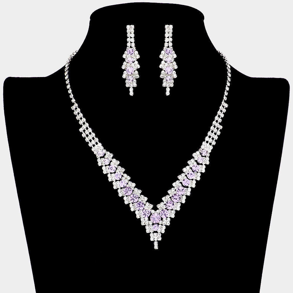 Amethyst Crystal V-Neck Rhinestone Necklace Set | Prom Jewelry | 612081