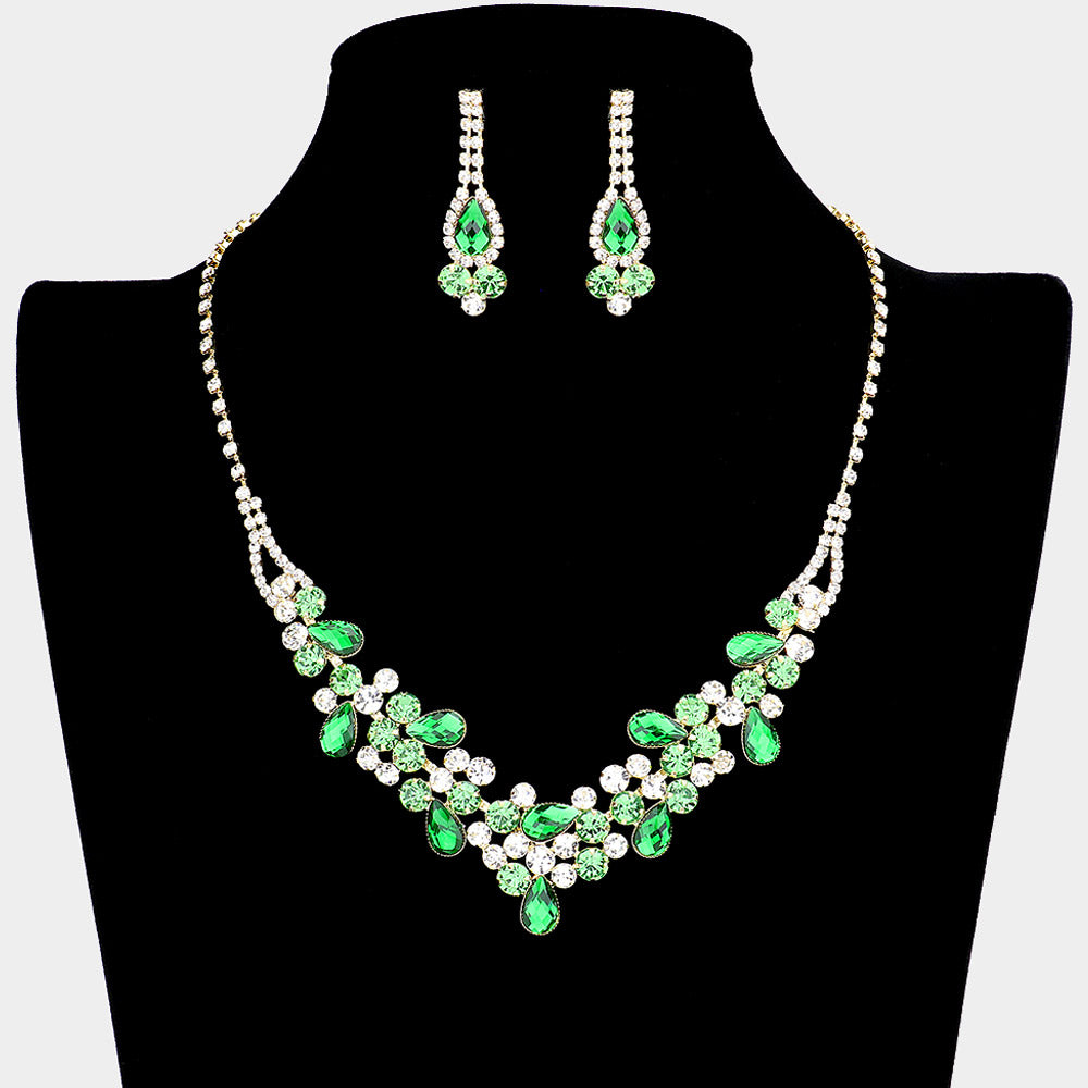 Emerald and Clear Rhinestone Floral Prom Necklace Set | Homecoming Necklace Set | 226015