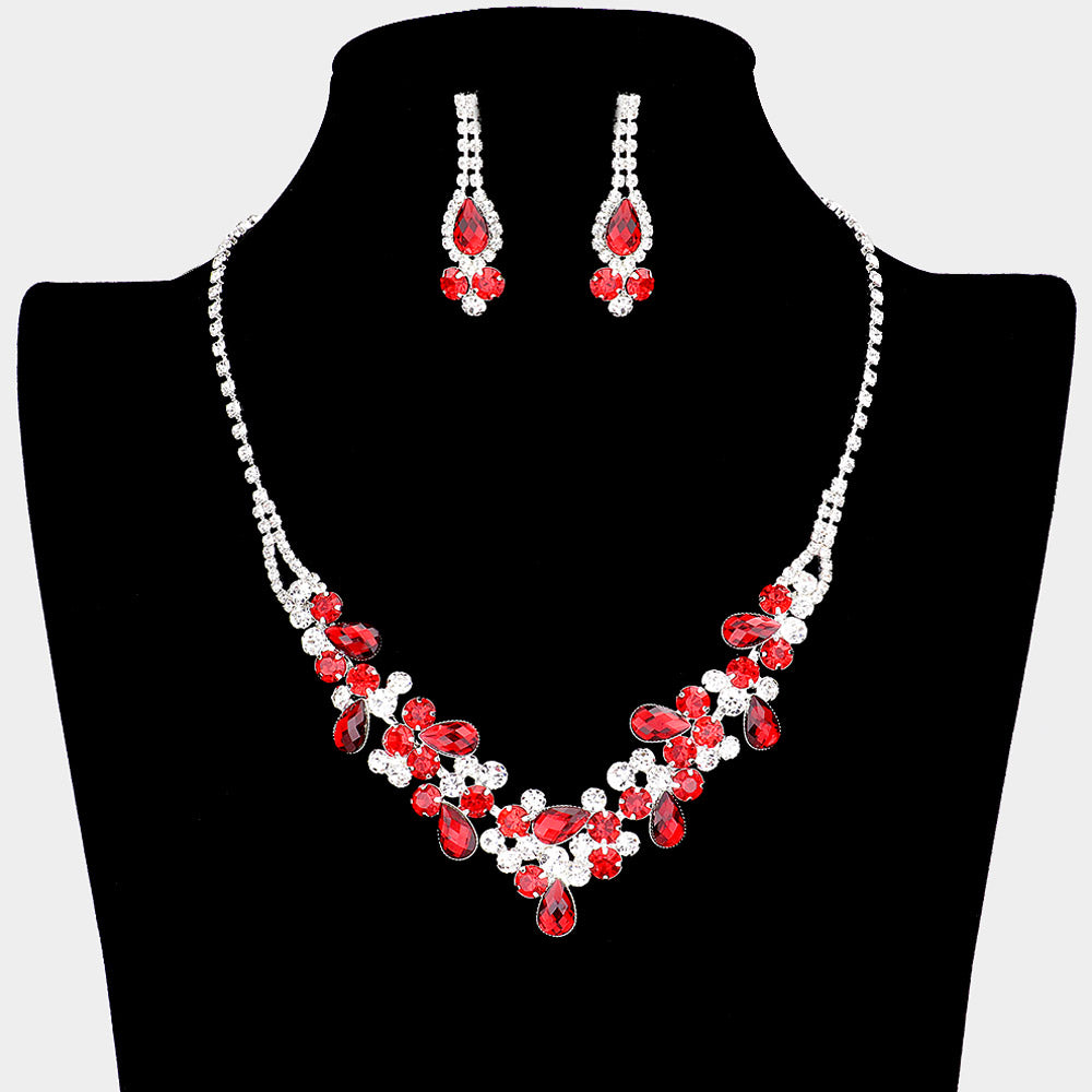 Red and Clear Rhinestone Floral Prom Necklace Set | Homecoming Necklace Set | 204271