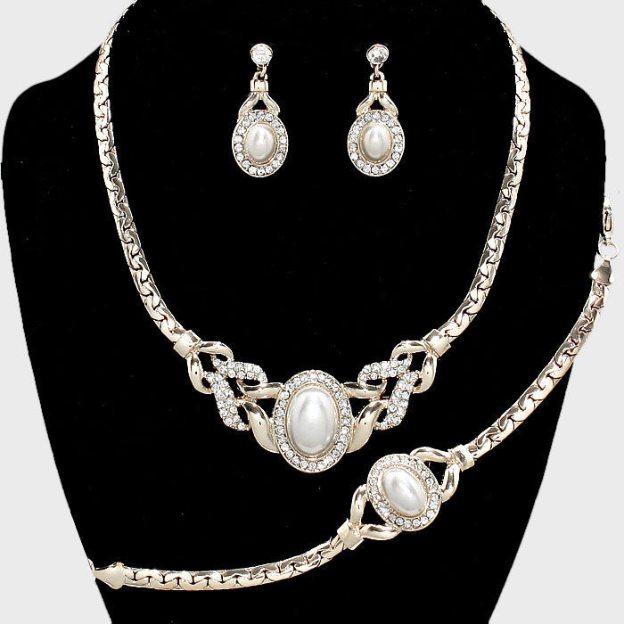 White Pearl Accented Rhinestone Bridal Necklace Set | Wedding Jewelry | 272911