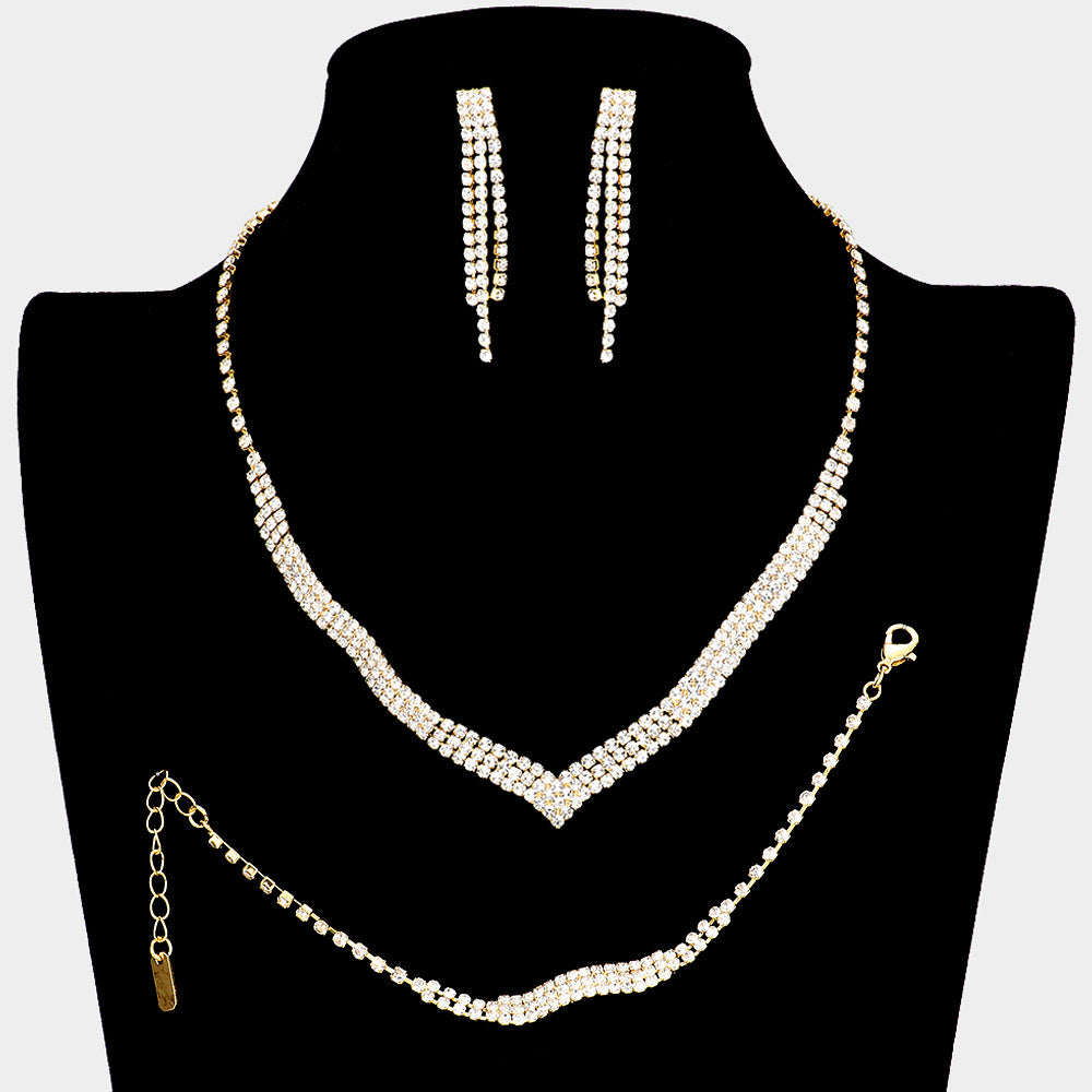 3 Piece Clear Crystal Rhinestone Fringe Necklace Set on Gold | Homecoming Jewelry | 299087