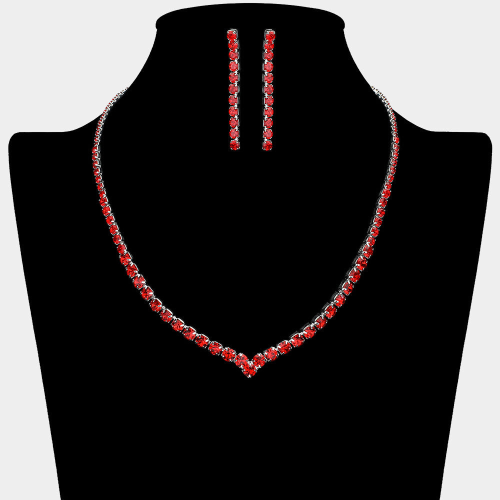 Round Red Rhinestone and Earrings Necklace Set | Prom Jewelry | 650578