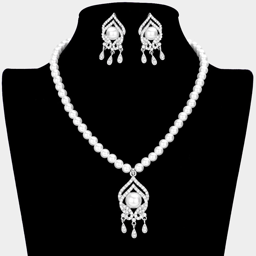 White Pearl Cluster Pendant Wedding and Necklace Set | Bridal Jewelry | 612012