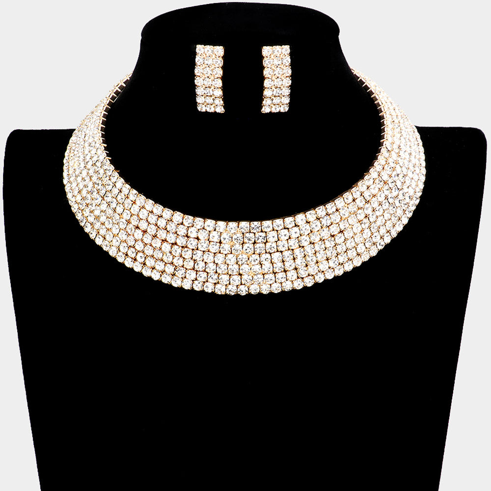 7 Row Rhinestone Pageant Necklace Set on Gold | Rhinestone Choker Necklace on Gold| 555660