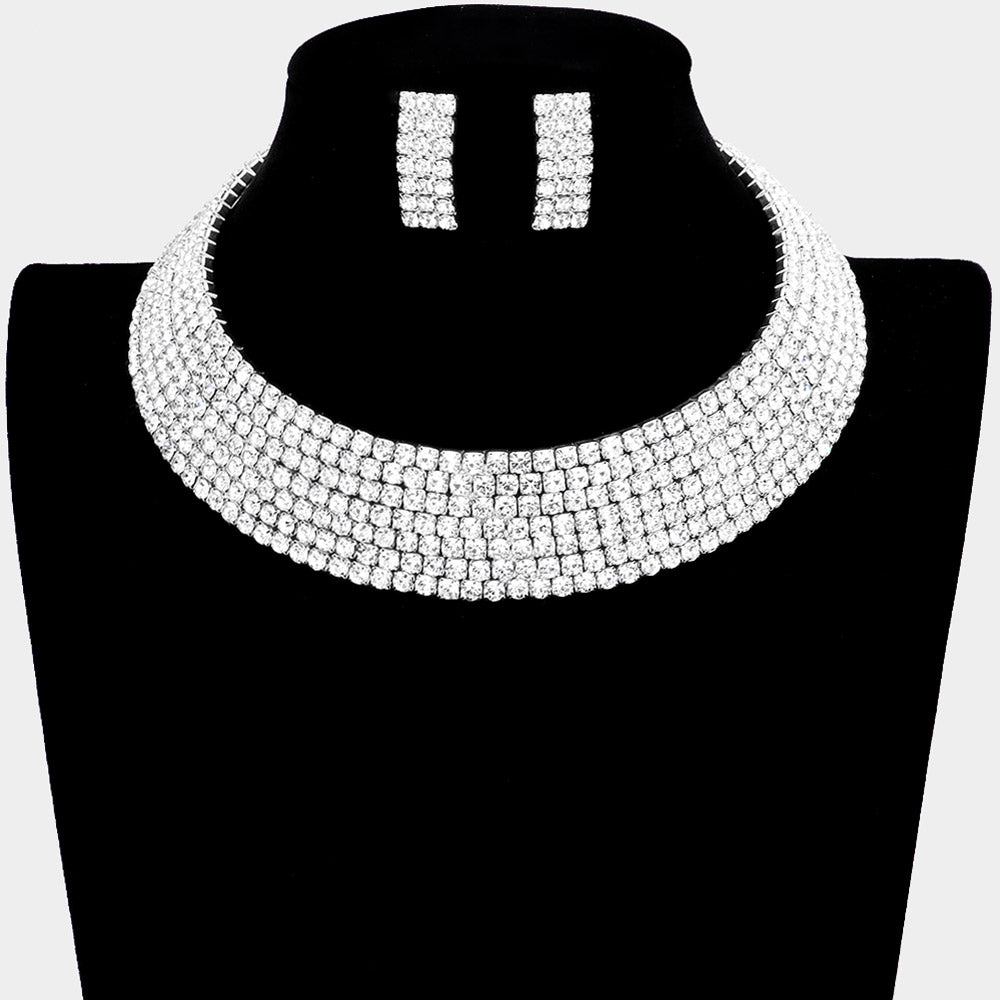 7 Row Rhinestone Pageant Necklace Set on Silver | Rhinestone Choker Necklace on Silver| 555661