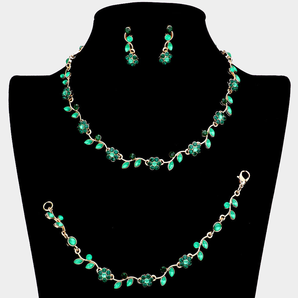 3 Piece Emerald Flower Rhinestone Jewelry Set | Homecoming Jewelry | 216603