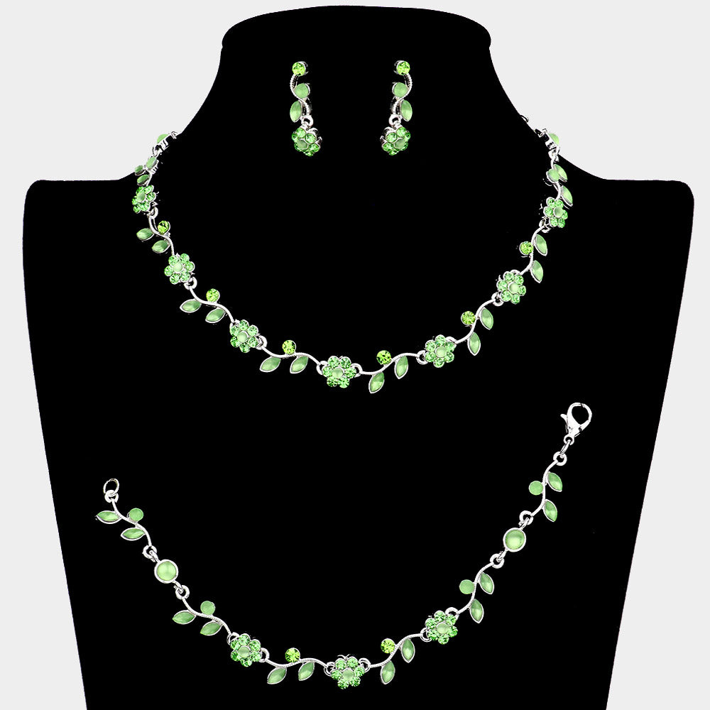 3 Piece Green Flower Rhinestone Jewelry Set | Homecoming Jewelry | 63855