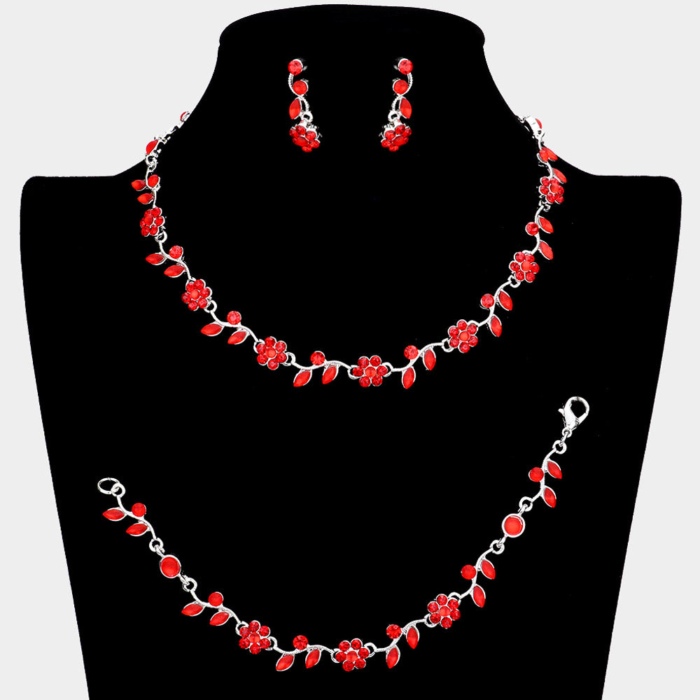 3 Piece Red Flower Rhinestone Jewelry Set | Homecoming Jewelry | 63857