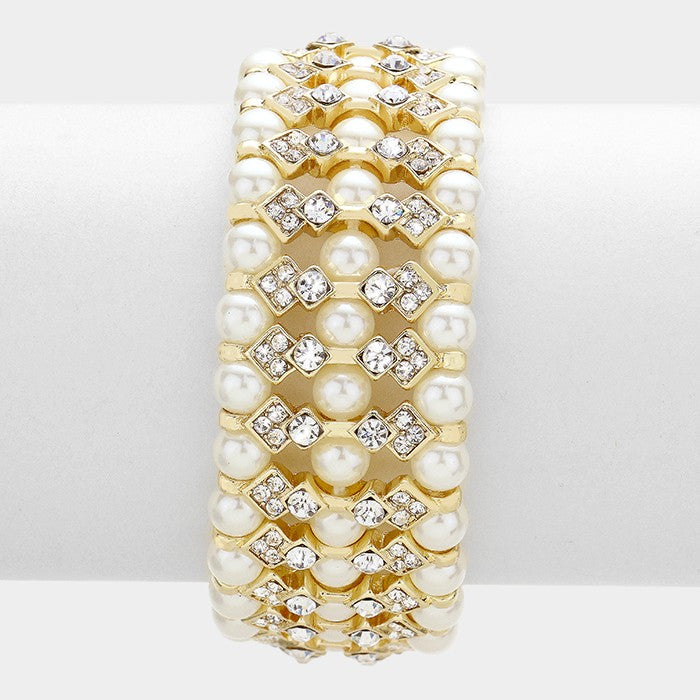 Multi Row Crystal and Cream Pearl Bridal Stretch Bracelet | 226397