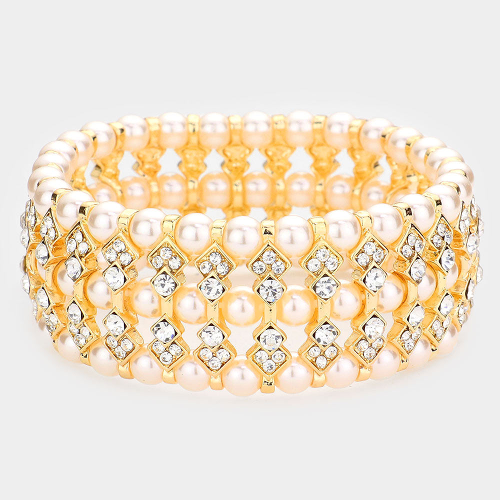 Multi Row Crystal and Cream Pearl Bridal Stretch Bracelet | 226397