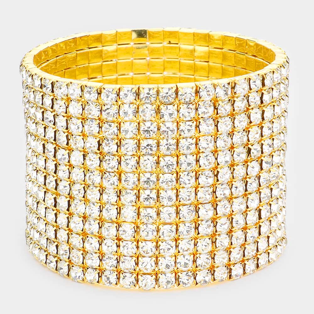 12 Row Rhinestone Cuff Bracelet on Gold | Pageant Jewelry | 267084