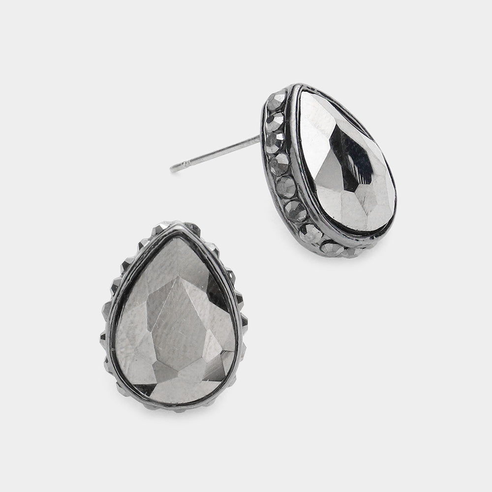 Hematite Rhinestone Trimmed Teardrop Stone Pageant Stud Earrings | Interview Earrings | 577759