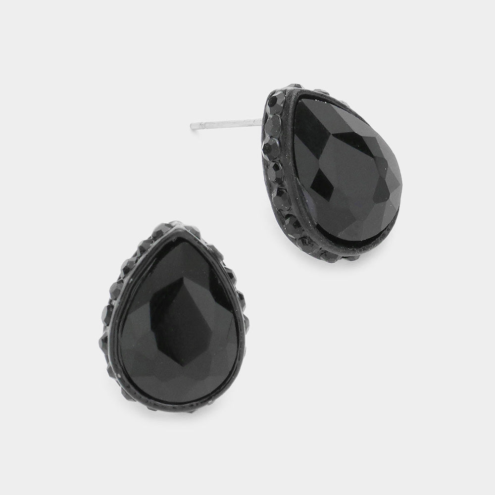 Jet Black Rhinestone Trimmed Teardrop Stone Pageant Stud Earrings | Interview Earrings | 577760