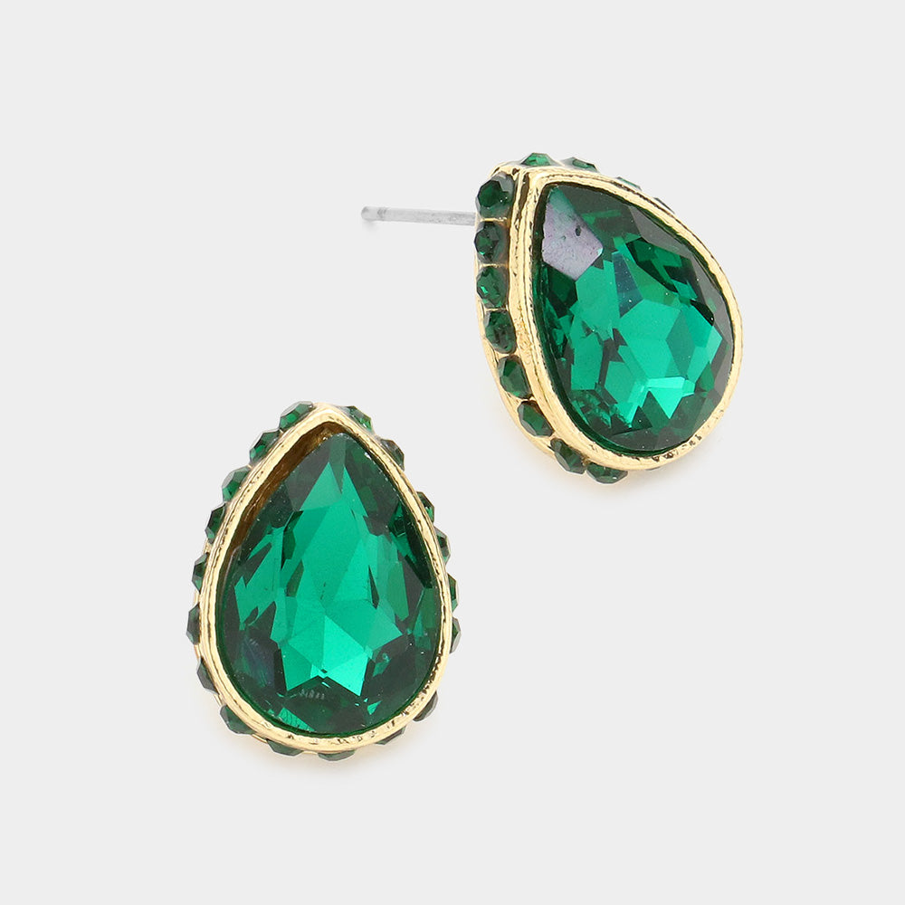 Emerald Rhinestone Trimmed Teardrop Stone Pageant Stud Earrings | Interview Earrings | 577764