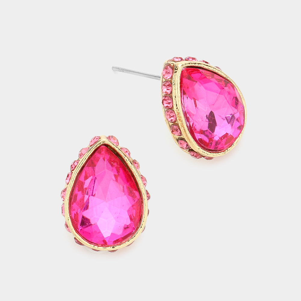 Fuchsia Rhinestone Trimmed Teardrop Stone Pageant Stud Earrings | Interview Earrings | 599147