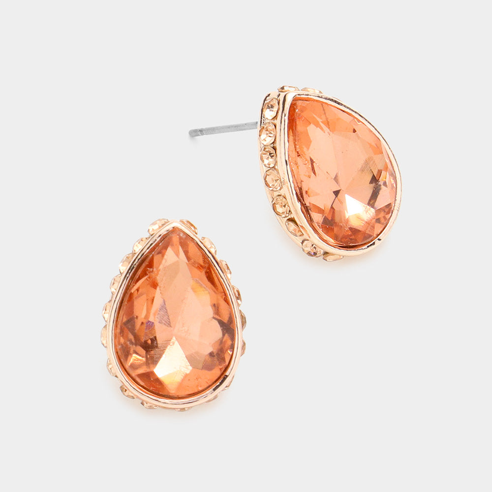 Peach Rhinestone Trimmed Teardrop Stone Pageant Stud Earrings | Interview Earrings | 577772