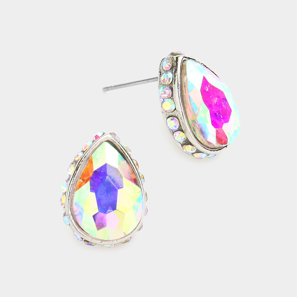 AB Rhinestone Trimmed Teardrop Stone Pageant Stud Earrings | Interview Earrings | 577773