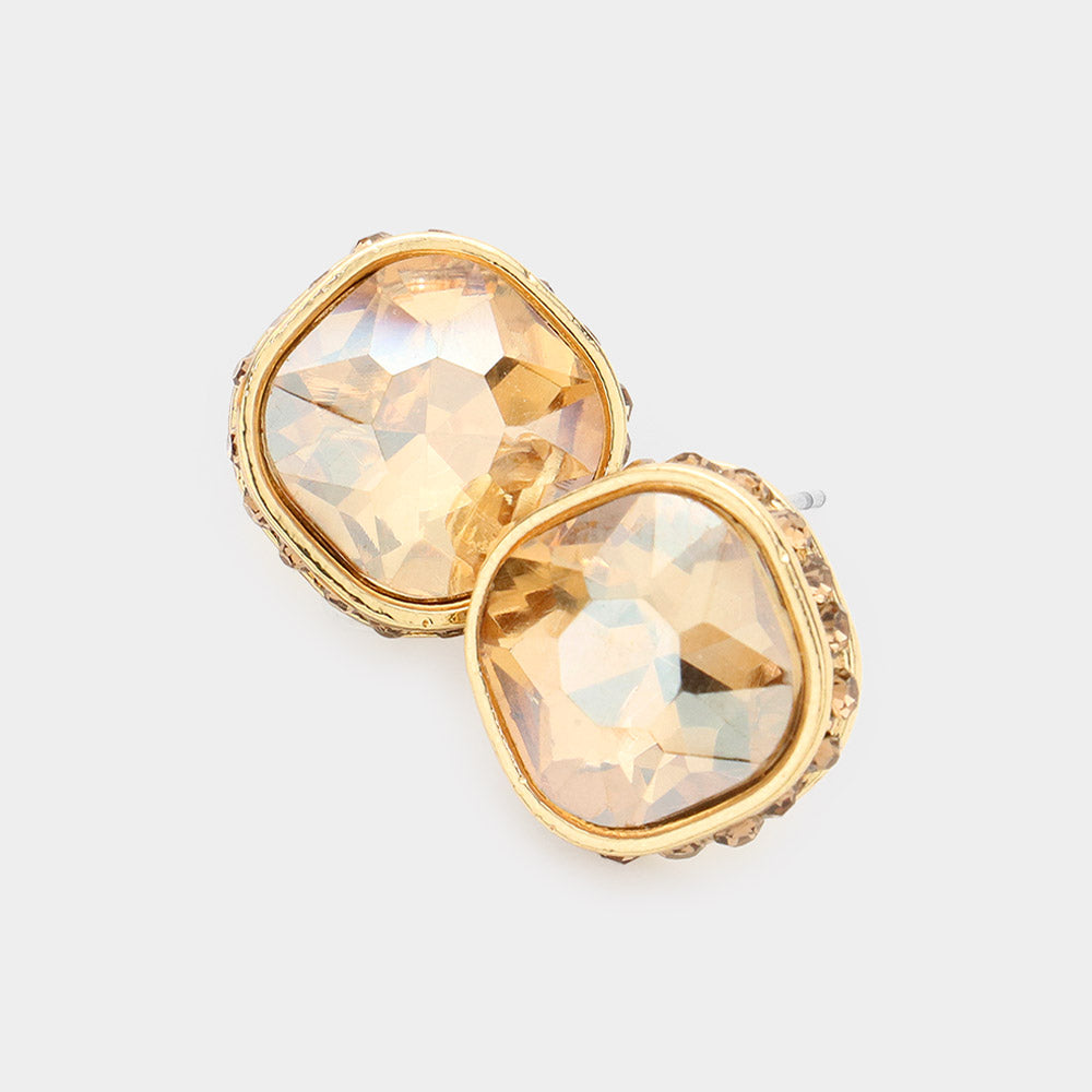 Rhinestone Trimmed Light Topaz Square Stone Stud Earrings | Interview Earrings | 575950