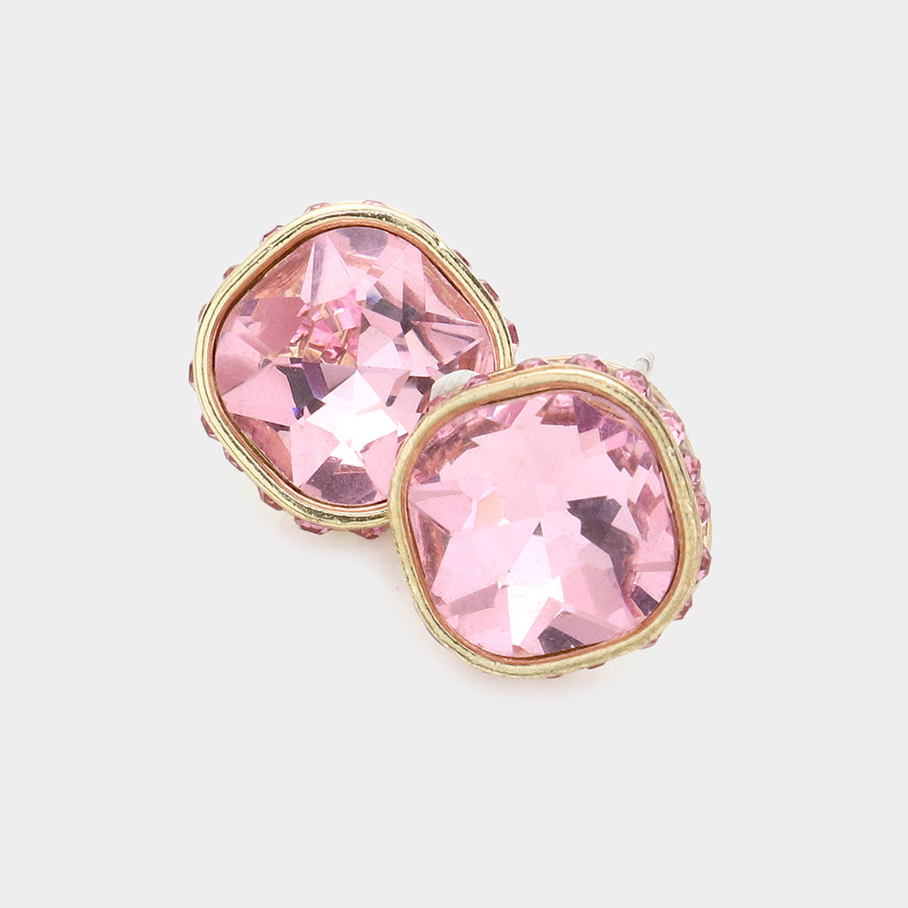 Rhinestone Trimmed Light Rose Square Stone Stud Earrings | Interview Earrings | 606379
