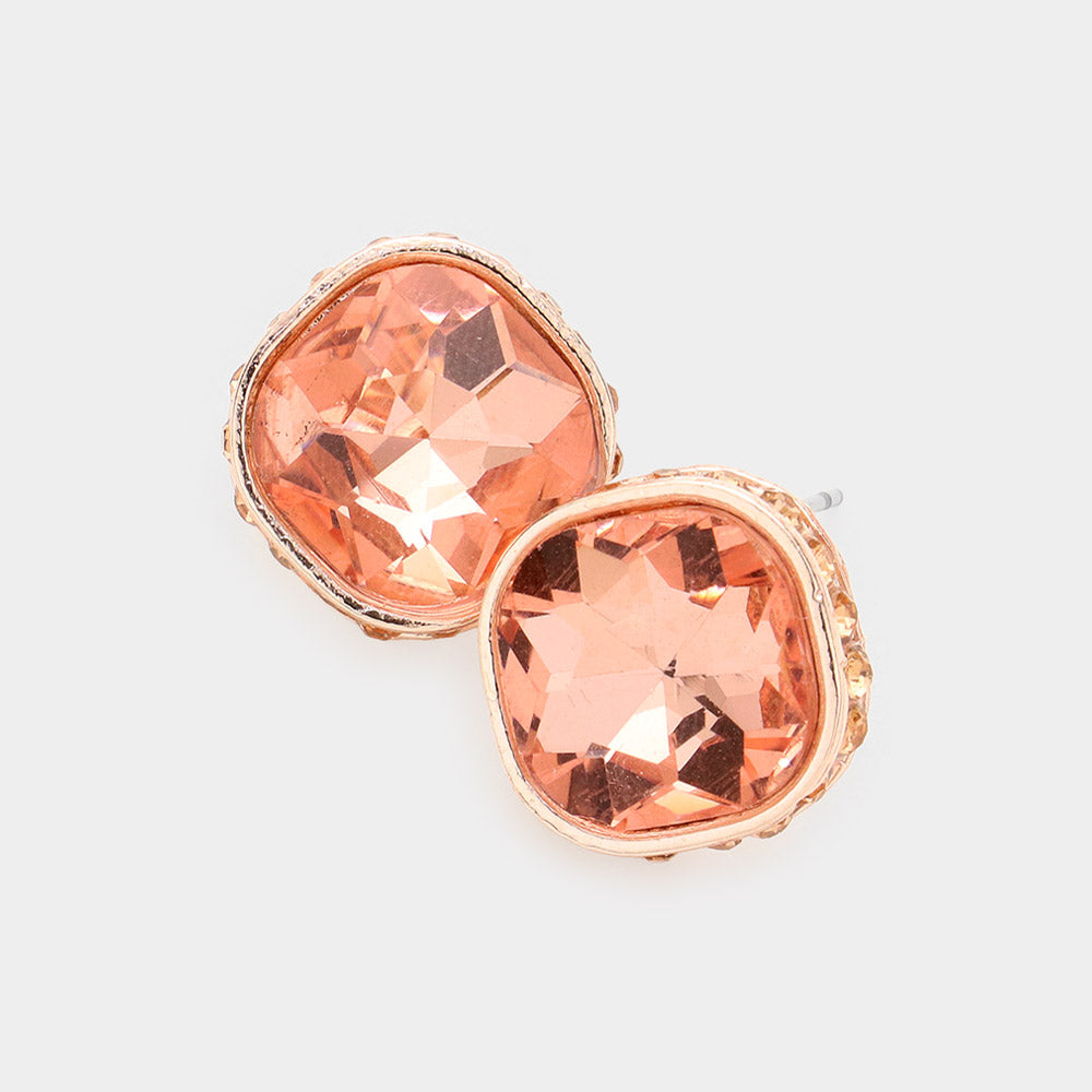 Rhinestone Trimmed Peach Square Stone Stud Earrings | Interview Earrings | 575955