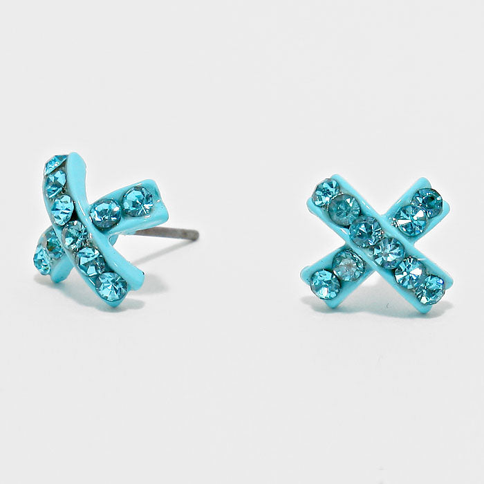 Aqua Crystal X-Shaped Stud Earrings | 127186