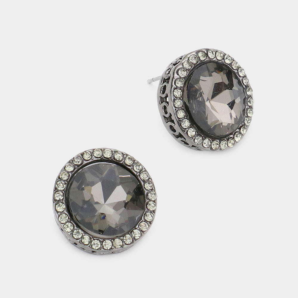 Rhinestone Trimmed Round Black Diamond Crystal Stone Stud Pageant Earrings  Interview Earrings | 554166