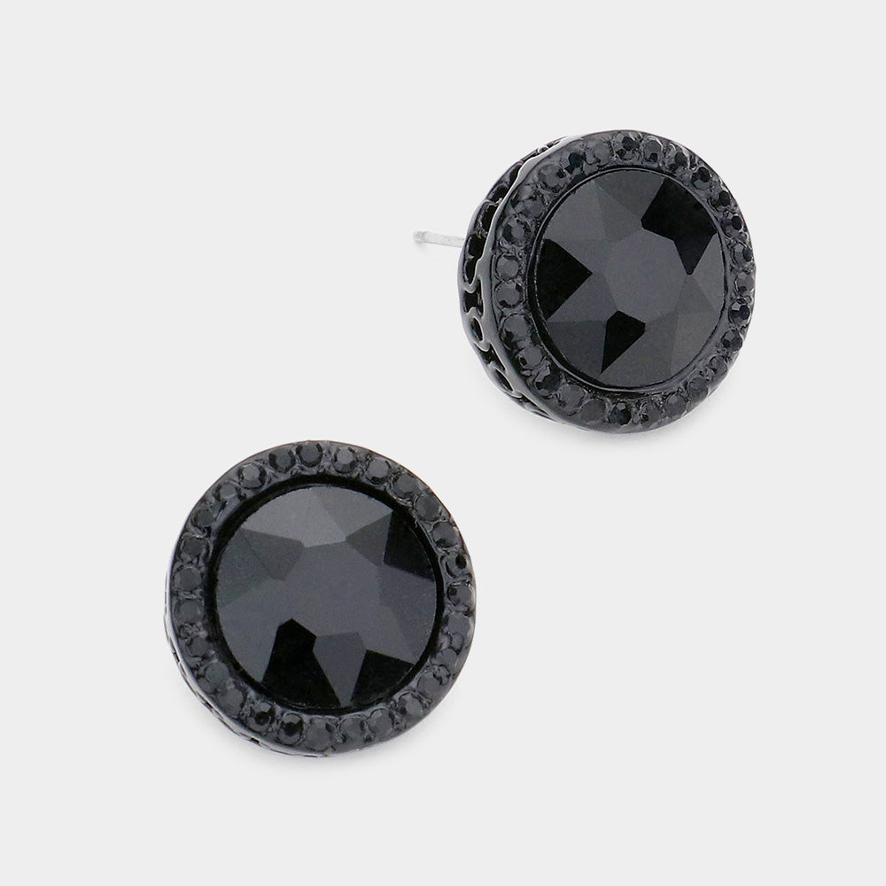 Rhinestone Trimmed Round Jet Black Crystal Stone Stud Pageant Earrings  Interview Earrings | 554167