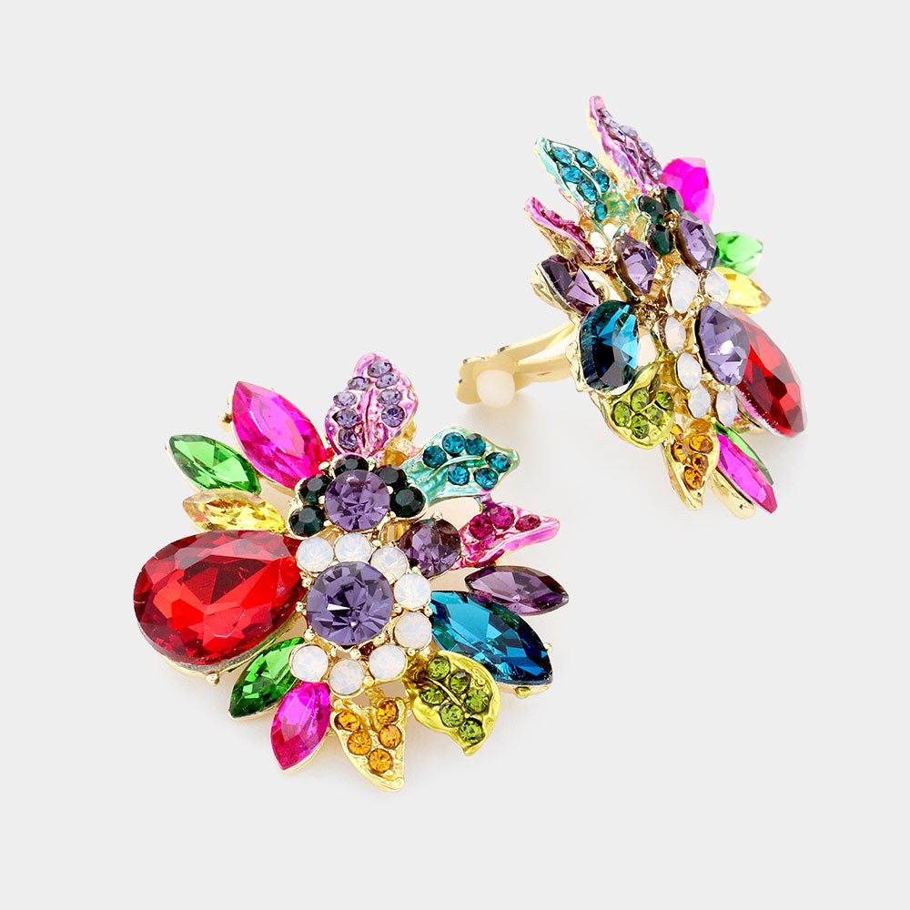 Floral Multi Stone Multi-Color Crystal Clip On Pageant Earrings | Interview Earrings | 502714