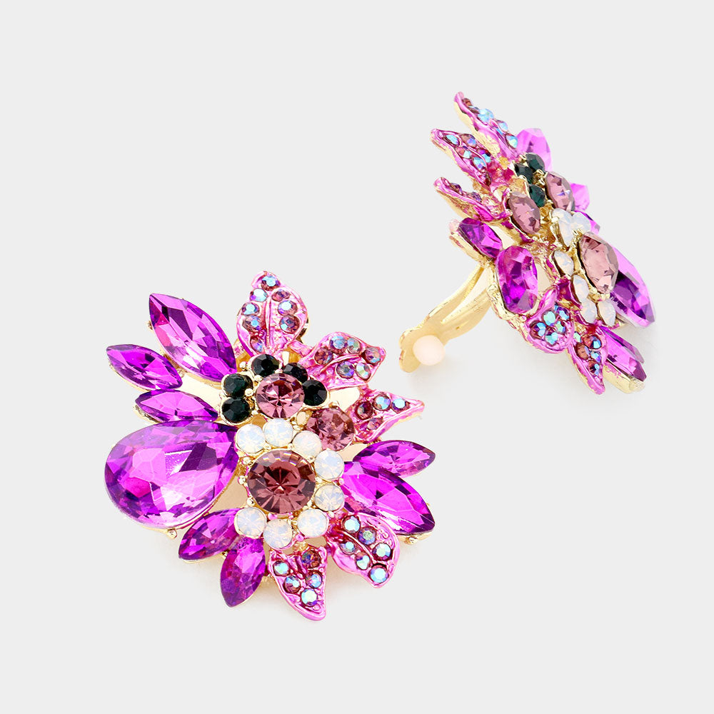 Floral Multi Stone Purple Crystal Clip On Pageant Earrings | Interview Earrings | 502716